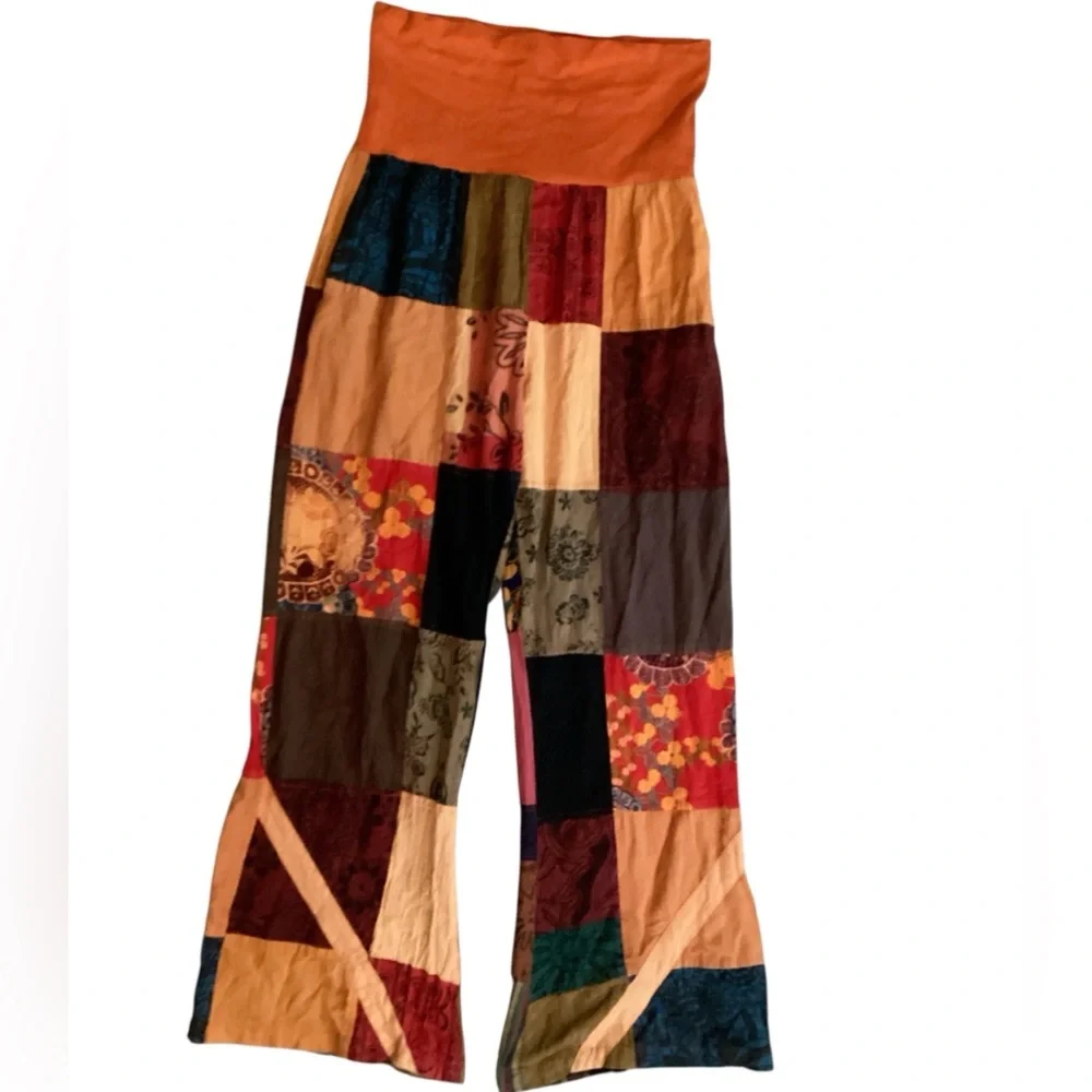 TLB BOHO Free Spirit Patchwork Cotton Lounge Wide Leg Pants Orange Sz One Size - Picture 3 of 6